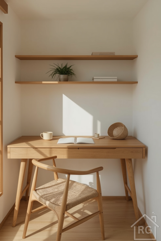 A compact Japandi home office with a natural wood desk, woven seat chair, and neutral wall behind.