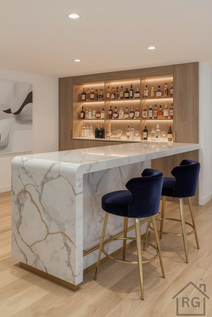 Contemporary Luxe lounge with white marble bar, gold accents, velvet stools, and recessed lighting.