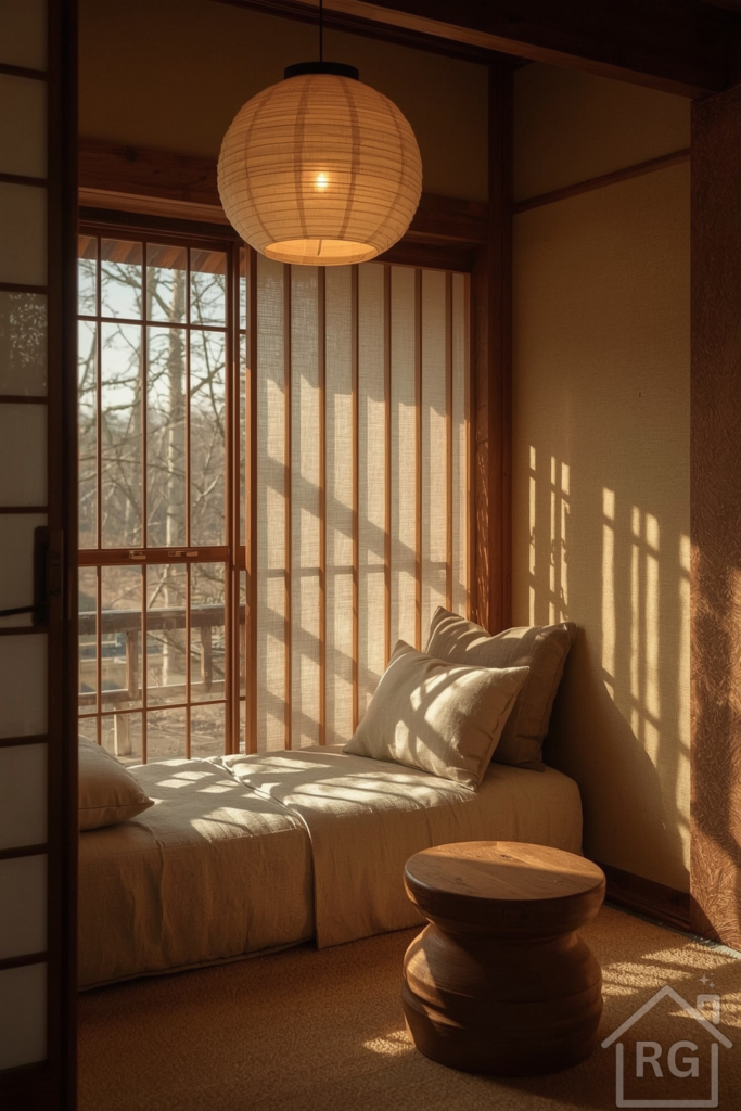 A cozy Japandi reading nook with soft, diffused light from a paper lantern overhead and sunlight streaming through rice paper windows. Gentle shadows and warm light define the space, with tactile fabrics and a hand-carved stool.