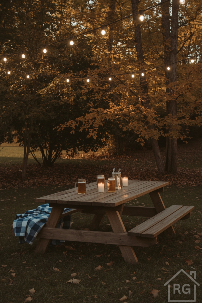 A cozy backyard in soft golden hour light, set up for a fall gathering. String lights gently glowing above a rustic wooden picnic table. Surrounding garden is filled with fall foliage—gold, amber, and burnt orange tones. A few steins of beer and candles sit on the table, softly lit.