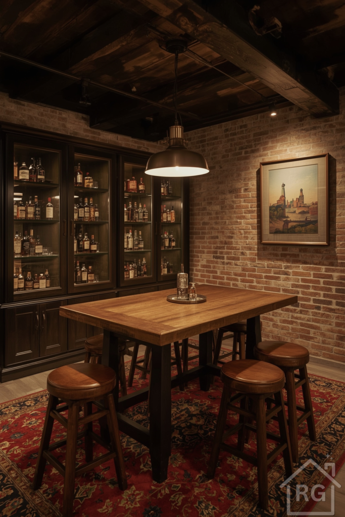 Basement Tasting Room with exposed brick, glass-door cabinets, wood tasting table, leather stools.