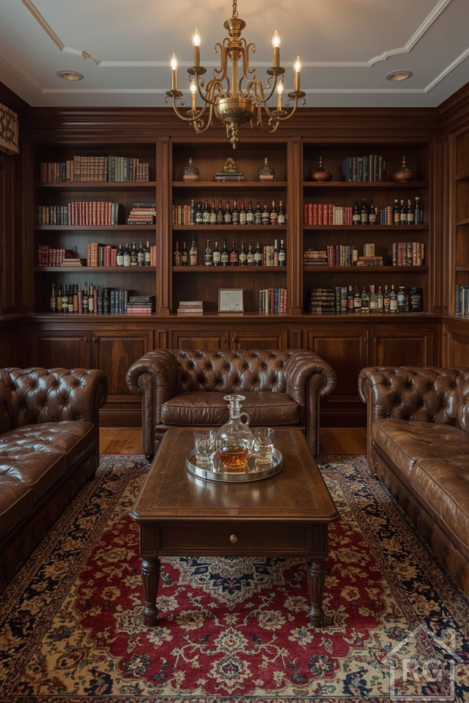 Classic Gentlemen’s Club lounge with mahogany paneling, Chesterfields, and Persian rug.