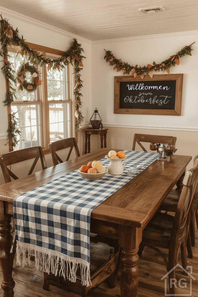 A cozy indoor dining area decorated for Oktoberfest. Blue-and-white checkered table runner on a farmhouse table, garlands and German flags on the wall, and a chalkboard sign reading “Willkommen zum Oktoberfest.” Wooden accents, rustic textures, and soft autumn light.