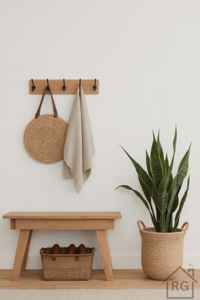A functional Japandi entryway with a simple oak bench, peg rail with two hanging items, and a woven basket for shoes.
