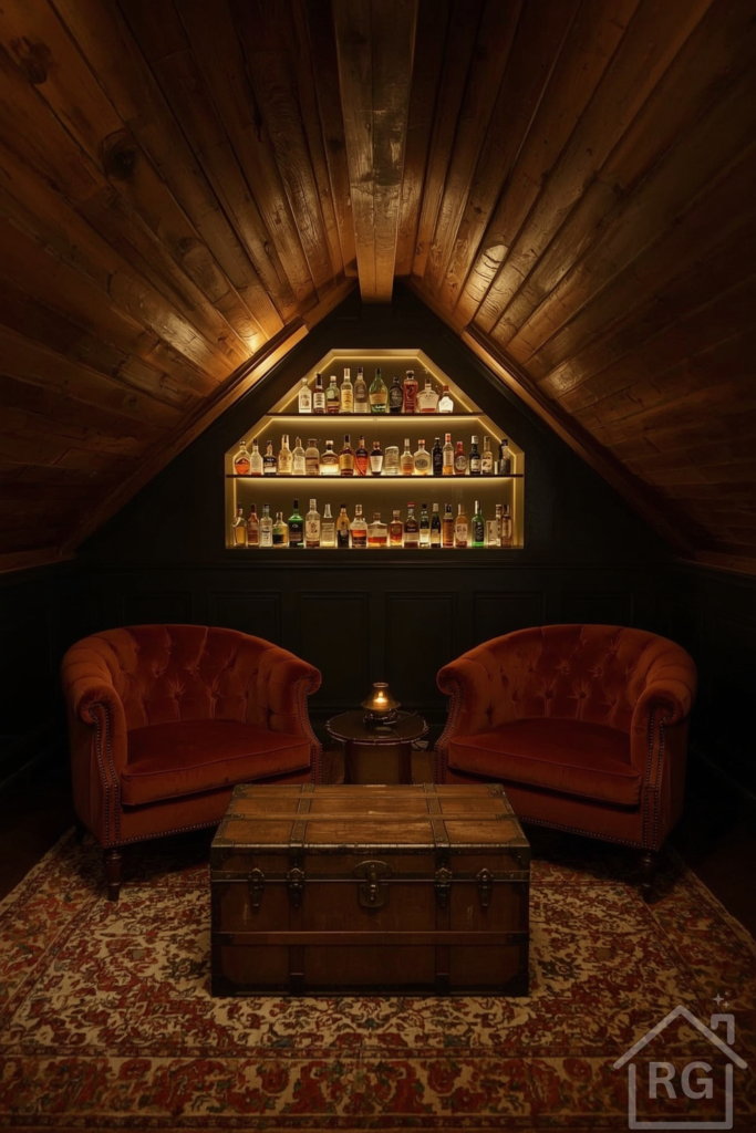 Hidden Attic Speakeasy with reclaimed wood sloped ceiling, dormer bar alcove, velvet chairs, and lantern lights.