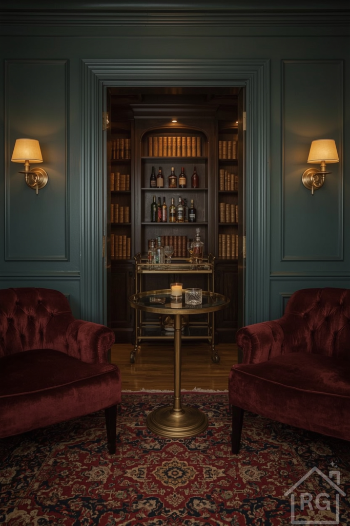 Speakeasy Hidden Room lounge behind bookcase door, dark teal walls, velvet seating, and bar cart.