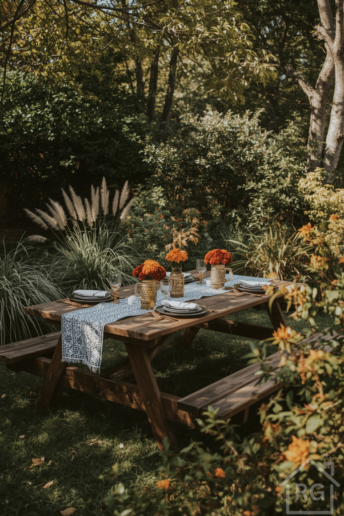 A lush backyard garden surrounding a rustic wooden picnic table set for Oktoberfest. The table is topped with a blue-and-white runner, a few beer steins, small vases of seasonal flowers (like mums or marigolds), and warm-toned place settings. The garden around the table is full of fall color — golden leaves, ornamental grasses, and flowering bushes.