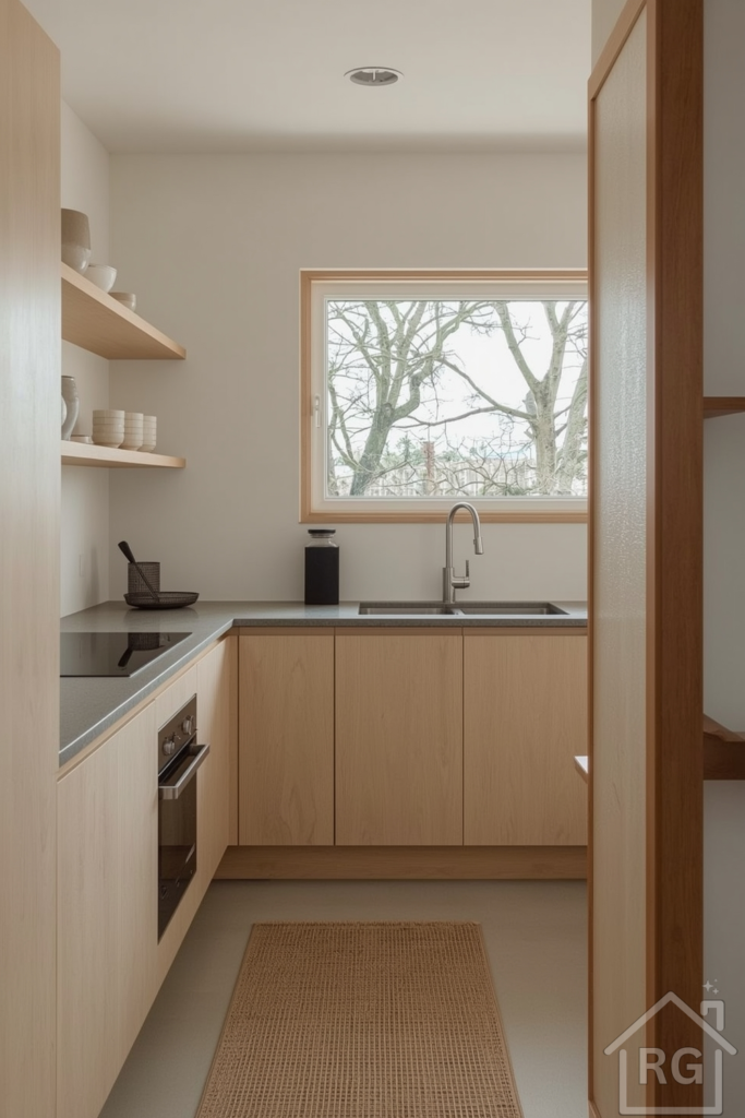 A minimalist Japandi kitchen with pale wood cabinetry, open shelves displaying ceramic bowls, and a matte stone countertop. Light pours through a shoji-style window. A woven runner adds warmth to the clean, neutral space.