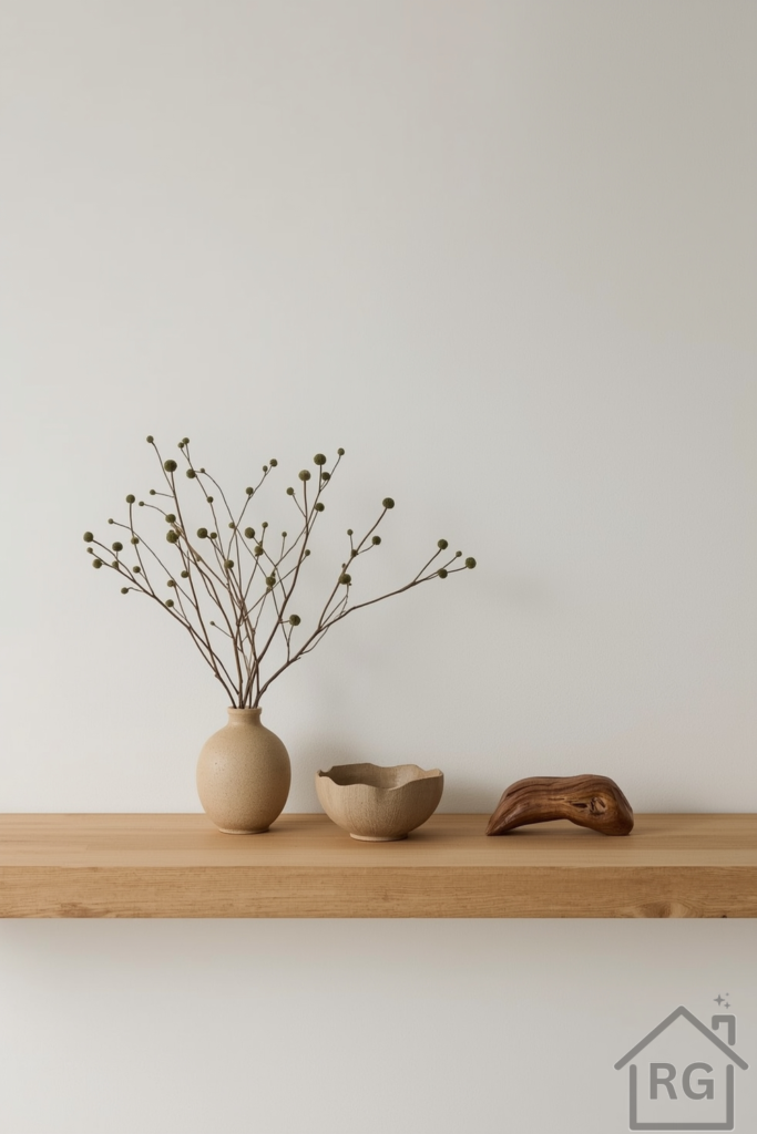 A minimalist Japandi shelf with three carefully curated objects: a small ikebana floral arrangement in a ceramic vase, a rough-edge pottery bowl, and a wood carving. The wall behind is clean and natural-toned.