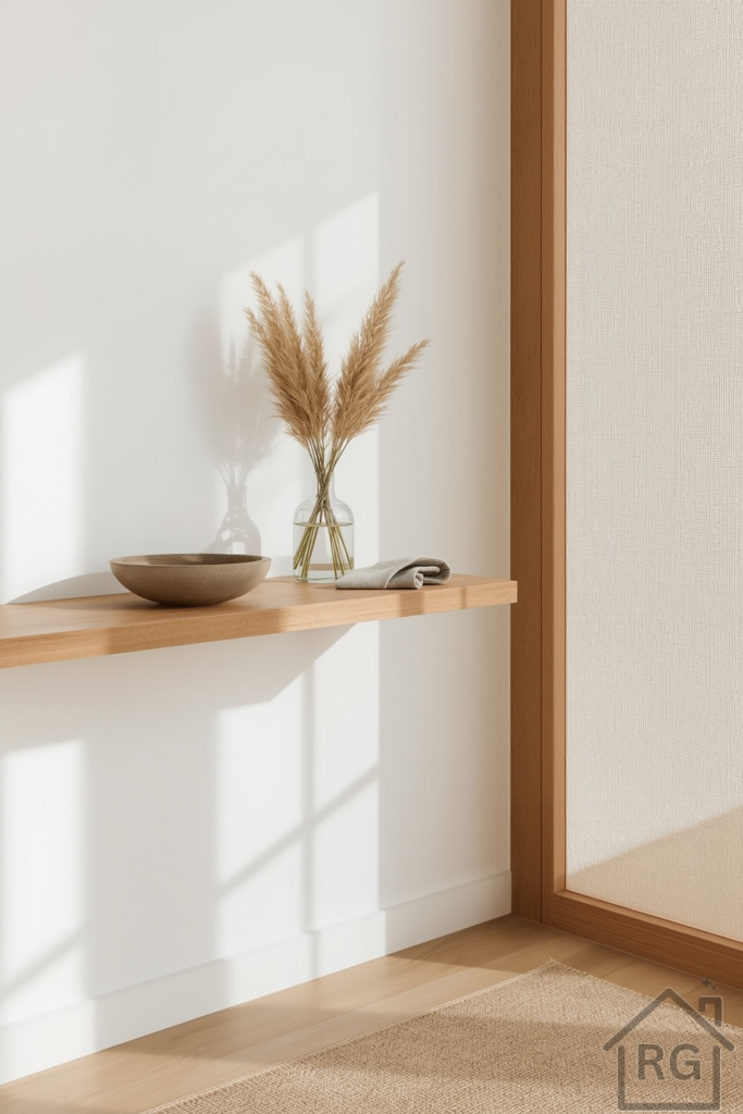 A minimalist Japandi vignette showcasing a simple floating wooden shelf against an off-white wall. On the shelf: a hand-thrown ceramic bowl, a small bundle of dried grasses in a slender vase, and a folded beige linen napkin. Below, a woven jute runner peeks out on pale oak flooring. Soft, diffused light from a nearby shoji-screen window casts gentle shadows, highlighting the natural textures and calm.