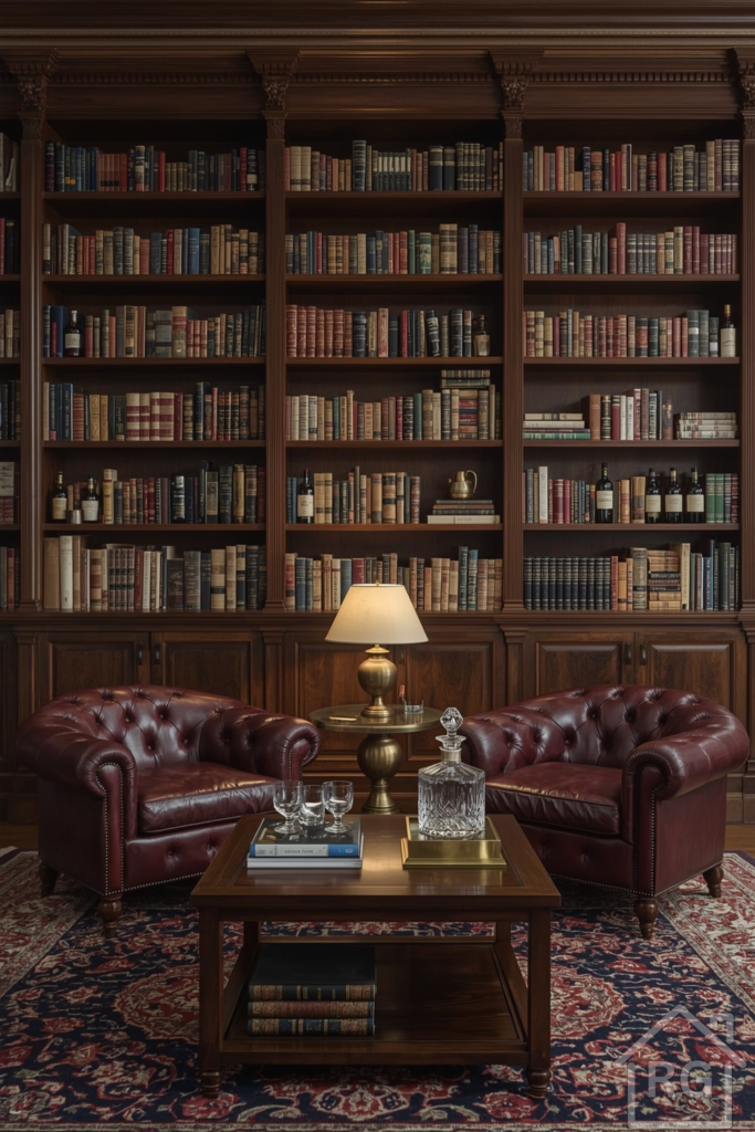Library Lounge with floor-to-ceiling bookshelves, leather armchairs, brass lamp, and Persian rug.