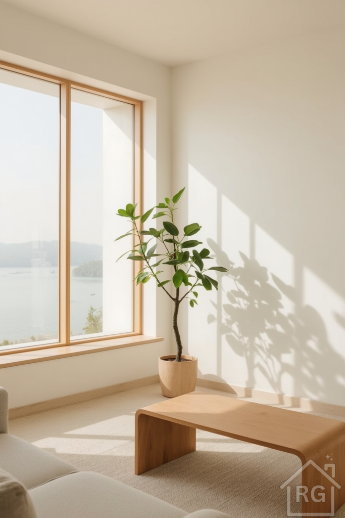 A serene and airy Japandi-inspired interior featuring cream-colored walls that reflect the abundance of natural light pouring in through the expansive window, adorned with slim, minimalist window frames and a subtle wooden sill, which serves as a gentle contrast to the otherwise sleek, low-profile design aesthetic. The room's simplicity is elevated by the thoughtful placement of a solitary, statement-making fiddle leaf fig tree in the corner.