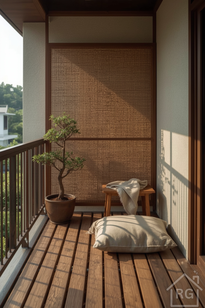 A small Japandi-style balcony with slatted wood flooring, a floor cushion seating area, a low table, and a potted bonsai. Bamboo privacy screen and a warm linen throw add coziness. Soft morning light and a peaceful, private vibe.