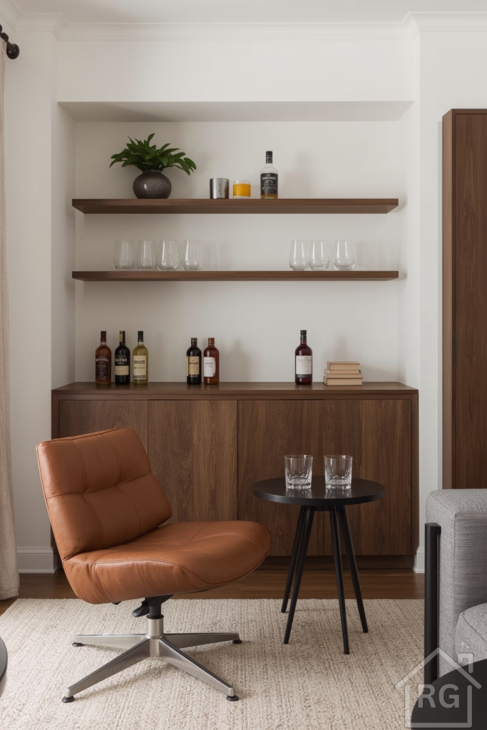 Compact nook walnut cabinet, leather chair, and styled glassware. Small round table and soft area rug.
