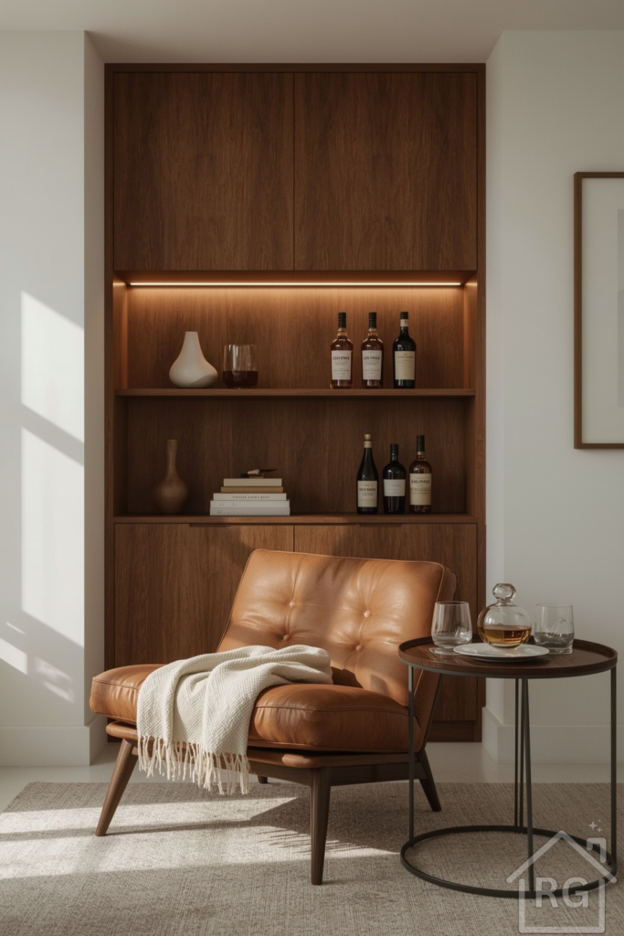 Compact Corner Nook with walnut cabinet, shelves, leather lounge chair, and side table.