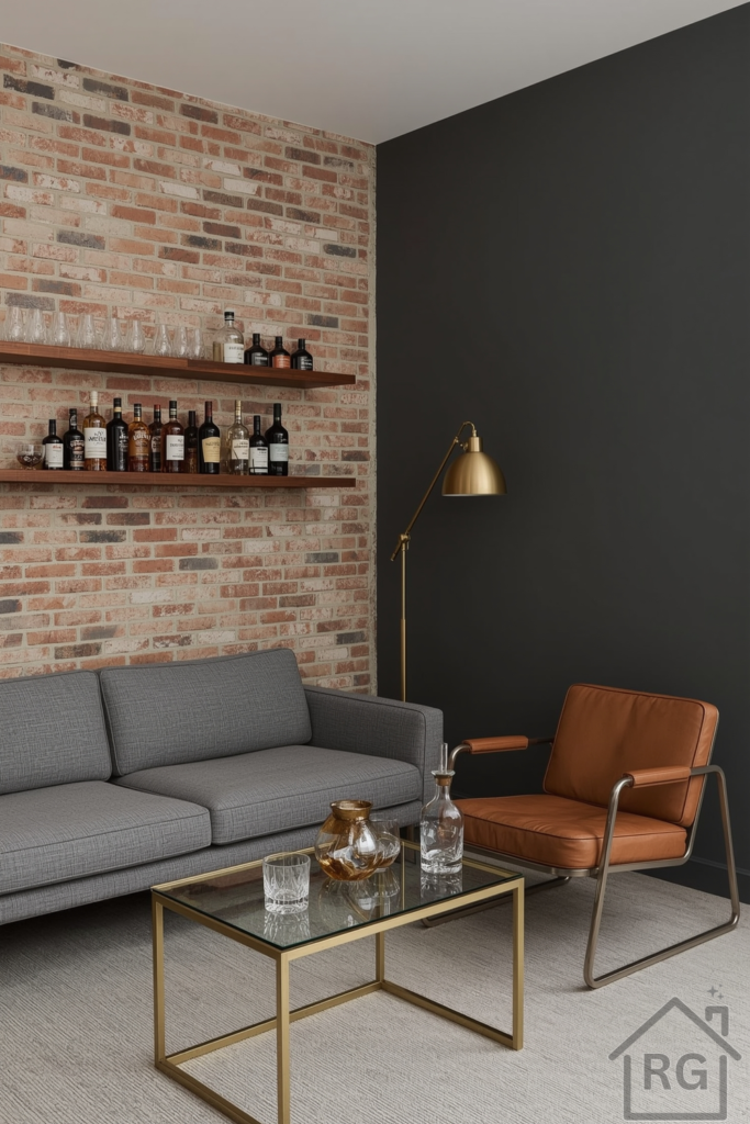 Vintage Modern Blend lounge with exposed brick, charcoal wall, floating shelves, and mixed seating.