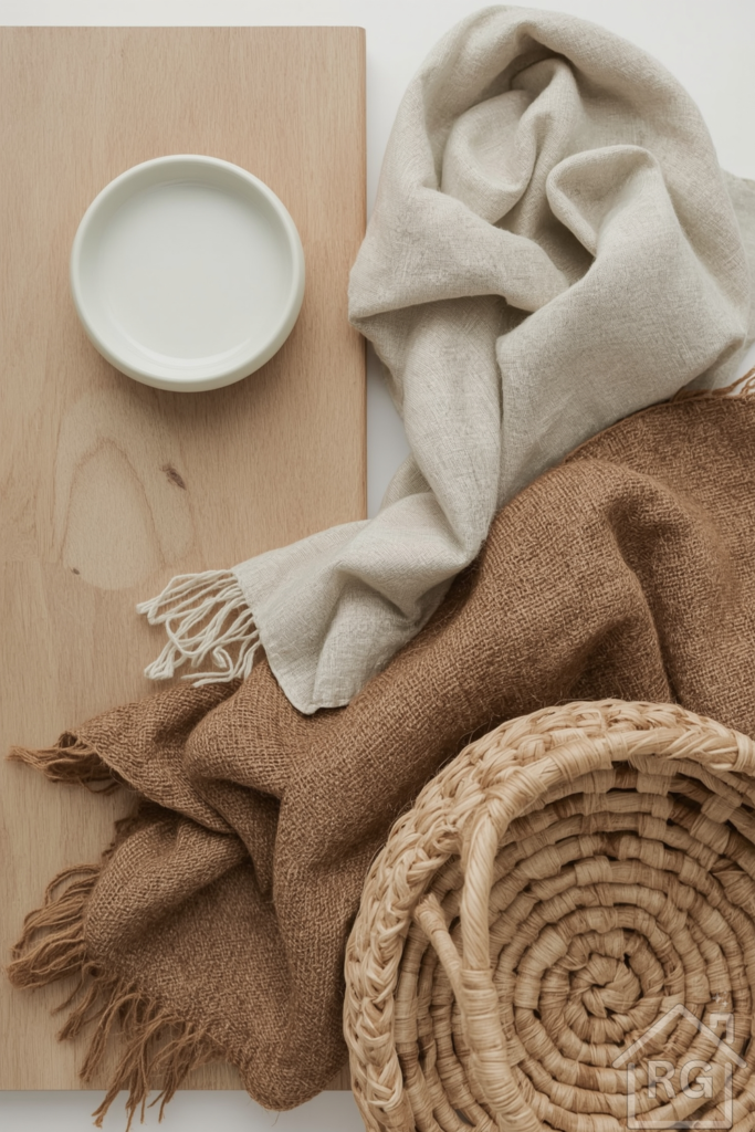 A tightly framed, overhead close-up of a thoughtful arrangement of natural materials on a neutral background, featuring a rectangular light oak wood plank with subtle wood grain, a creamy white ceramic bowl with a slight sheen, a folded piece of linen fabric with a soft, rumpled texture, a chunky wool throw blanket in a muted earthy tone, and a woven basket with a natural brown hue and loose, organic weave.