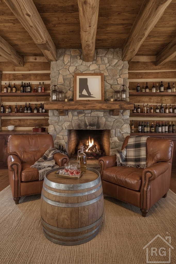 Rustic Cabin Retreat with reclaimed wood walls, stone fireplace, leather armchairs, and lanterns.
