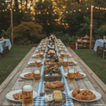 A wide-angle shot of a festive backyard set up for Oktoberfest. Long wooden tables with blue-and-white checkered tablecloths, decorated with beer steins filled with frothy amber beer, soft pretzels, sausages, and mustard dishes. String lights hang overhead. Fall foliage in the background. Warm, cozy golden-hour lighting. Cheerful and inviting, with a slight Bavarian theme.