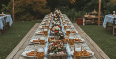 A wide-angle shot of a festive backyard set up for Oktoberfest. Long wooden tables with blue-and-white checkered tablecloths, decorated with beer steins filled with frothy amber beer, soft pretzels, sausages, and mustard dishes. String lights hang overhead. Fall foliage in the background. Warm, cozy golden-hour lighting. Cheerful and inviting, with a slight Bavarian theme.