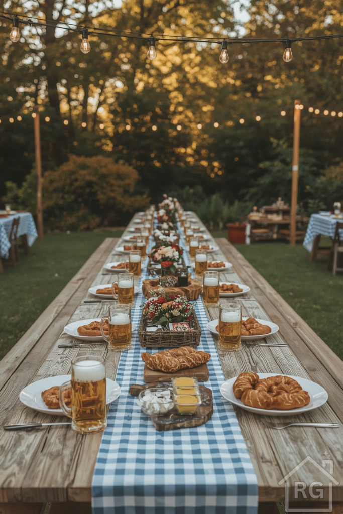 A wide-angle shot of a festive backyard set up for Oktoberfest. Long wooden tables with blue-and-white checkered tablecloths, decorated with beer steins filled with frothy amber beer, soft pretzels, sausages, and mustard dishes. String lights hang overhead. Fall foliage in the background. Warm, cozy golden-hour lighting. Cheerful and inviting, with a slight Bavarian theme.