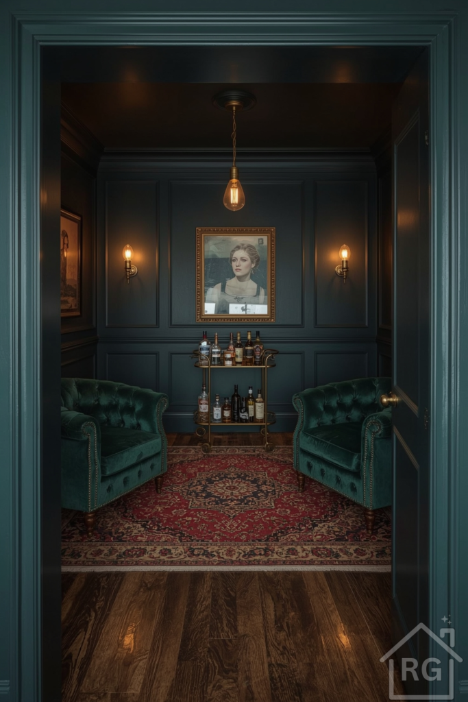 A speakeasy featuring teal walls and velvet lounge chairs, a bar cart, vintage photography, and a Persian rug.