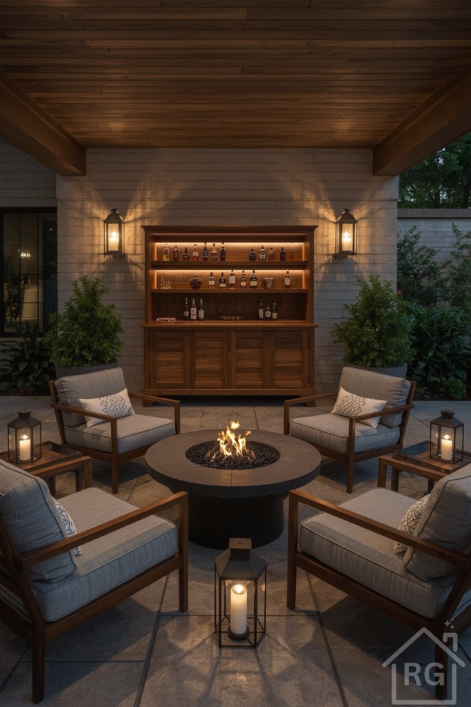 Outdoor Whiskey Terrace with teak cabinet, fire pit, cushioned chairs, lantern lighting, and planters.