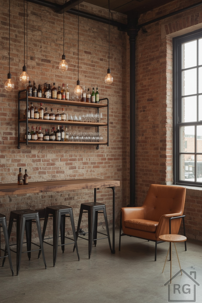 Industrial Chic lounge with exposed brick, steel pipes, wood bar, Edison bulbs, and loft windows.