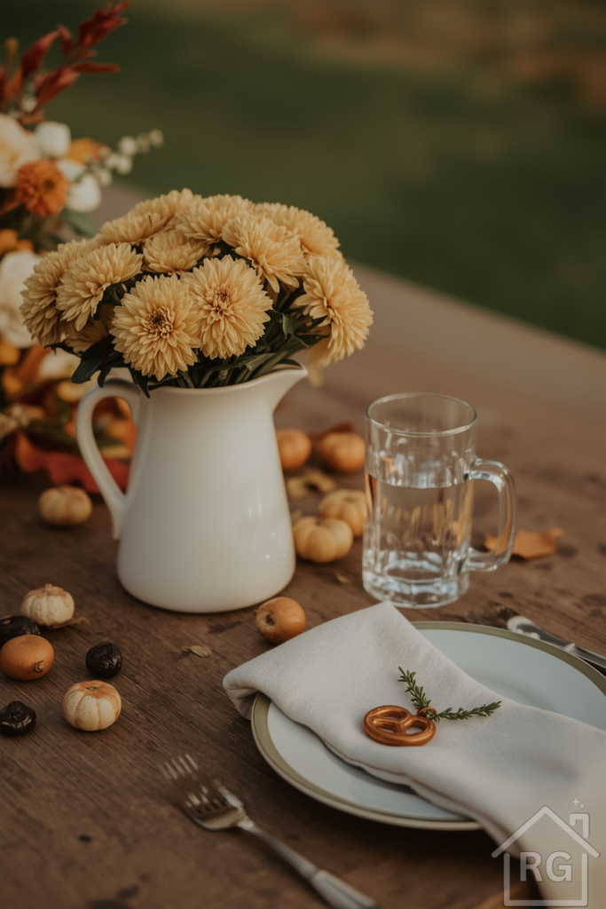 Close-up of an outdoor wooden table decorated for a fall gathering. A small bouquet of mums in a ceramic pitcher, a beer stein catching the late afternoon light, and scattered chestnuts and colorful leaves. A linen napkin with a knot and a pretzel charm rests beside a plate. Soft bokeh in the background, warm and inviting atmosphere