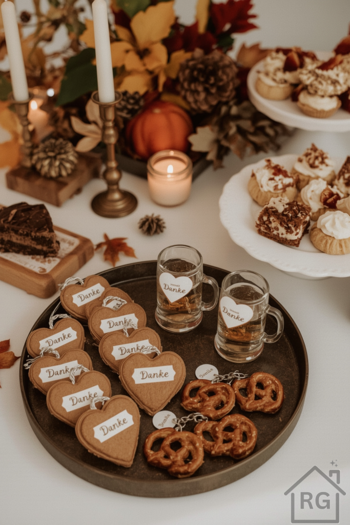 Dessert and favor station at a home Oktoberfest party. Tray with gingerbread heart cookies labeled “Danke,” mini beer steins, and pretzel-shaped keychains, alongside a dessert bar with apple strudel, Black Forest cake, and fall cookies. Styled with candles and fall foliage for warmth.