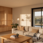 Japandi living room in warm evening light, showcasing natural wood, neutral textiles, and a calm, balanced layout.