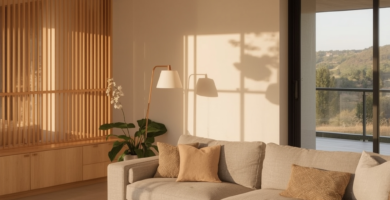 Japandi living room in warm evening light, showcasing natural wood, neutral textiles, and a calm, balanced layout.