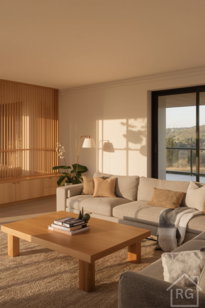 Japandi living room in warm evening light, showcasing natural wood, neutral textiles, and a calm, balanced layout.