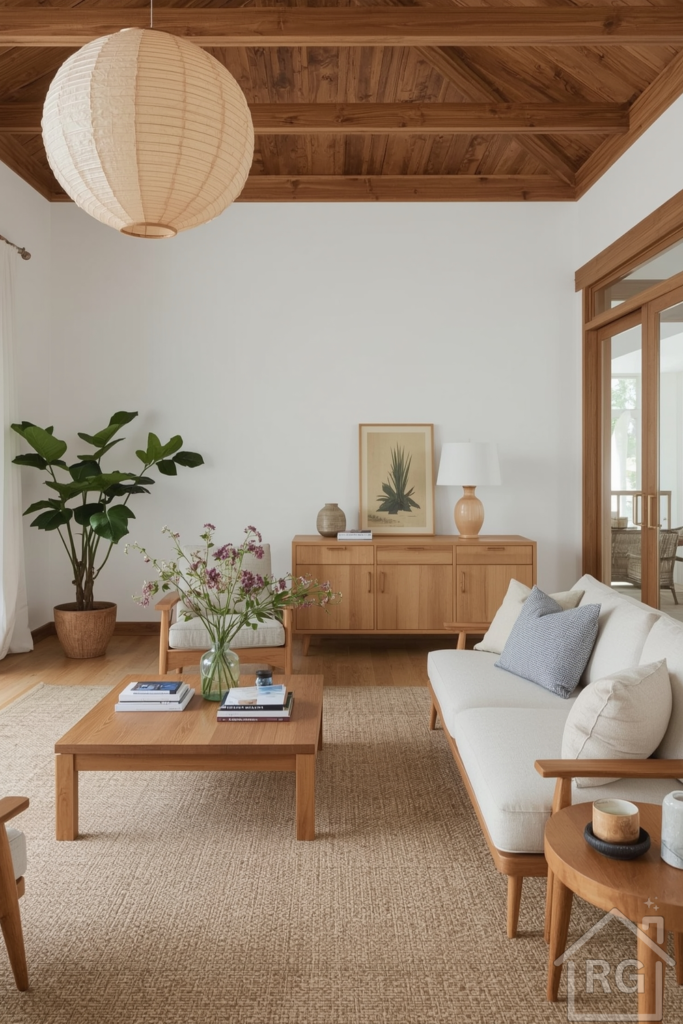 Japandi living room with oak wood furniture, neutral layered textiles, and a paper lantern pendant light.