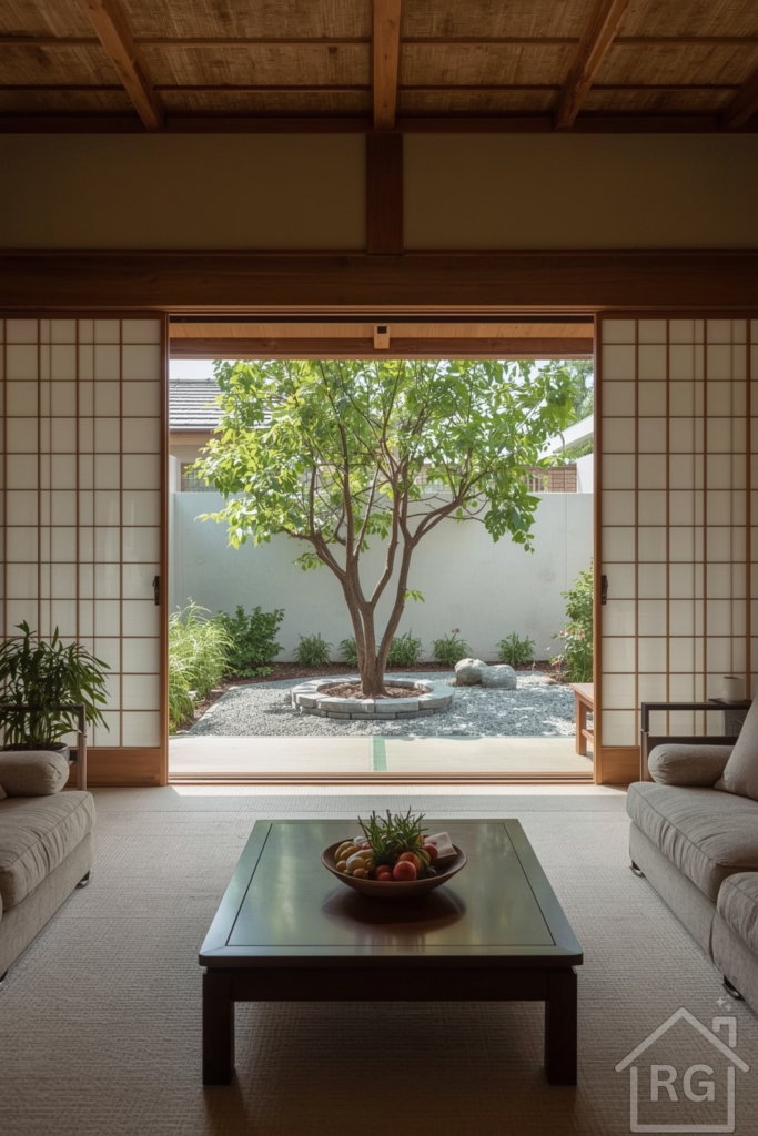 Japandi living room with sliding shoji-style doors opening onto a small serene patio garden.