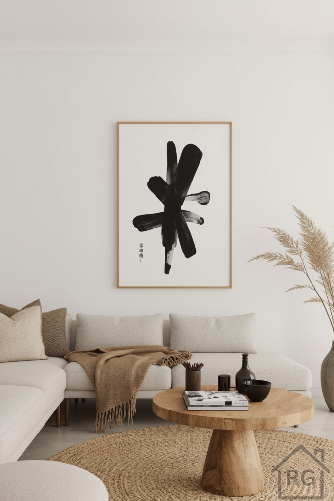 Neutral Japandi living space with a single large framed abstract artwork in black ink on a pale wall.
