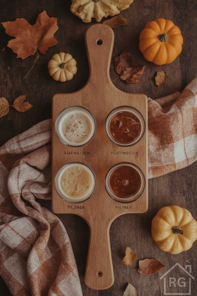 Top-down view of a wooden beer flight paddle with four tasting glasses labeled Märzen, Hefeweizen, Dunkel, and Pilsner. Fall-themed tabletop with small decorative pumpkins, a soft plaid napkin, and scattered autumn leaves.