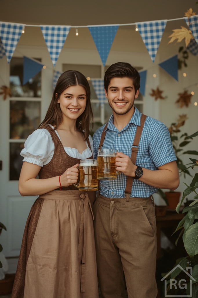 Two friends smiling and clinking beer steins while dressed in Oktoberfest outfits — one in a dirndl, the other in lederhosen. They stand in a home or backyard setting with festive decor in the background. Blue-and-white banners, fall leaves, and string lights.