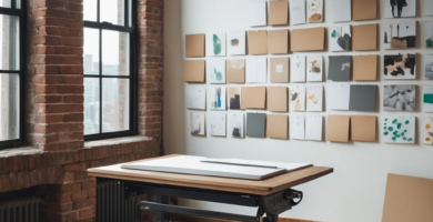 A bright, industrial-style creative studio featuring a large drafting table, an adjustable stool, and an industrial pendant light. The room has exposed red brick walls, light wood floors, and a wall display of various art pieces, creating an inspiring craft room environment.