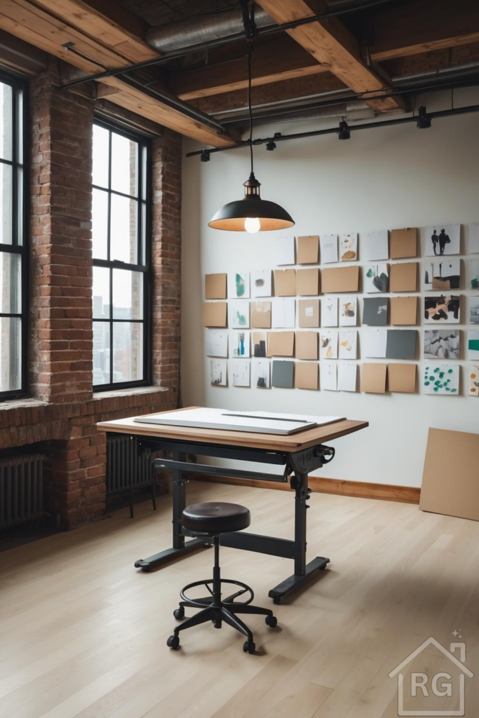 A bright, industrial-style creative studio featuring a large drafting table, an adjustable stool, and an industrial pendant light. The room has exposed red brick walls, light wood floors, and a wall display of various art pieces, creating an inspiring craft room environment.
