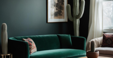 A dark boho living room featuring a deep emerald green velvet sofa, a wooden coffee table, and a large red Persian rug. The room is decorated with various cactus plants, a gold side table, and a framed botanical art print, creating a cozy and eclectic atmosphere.