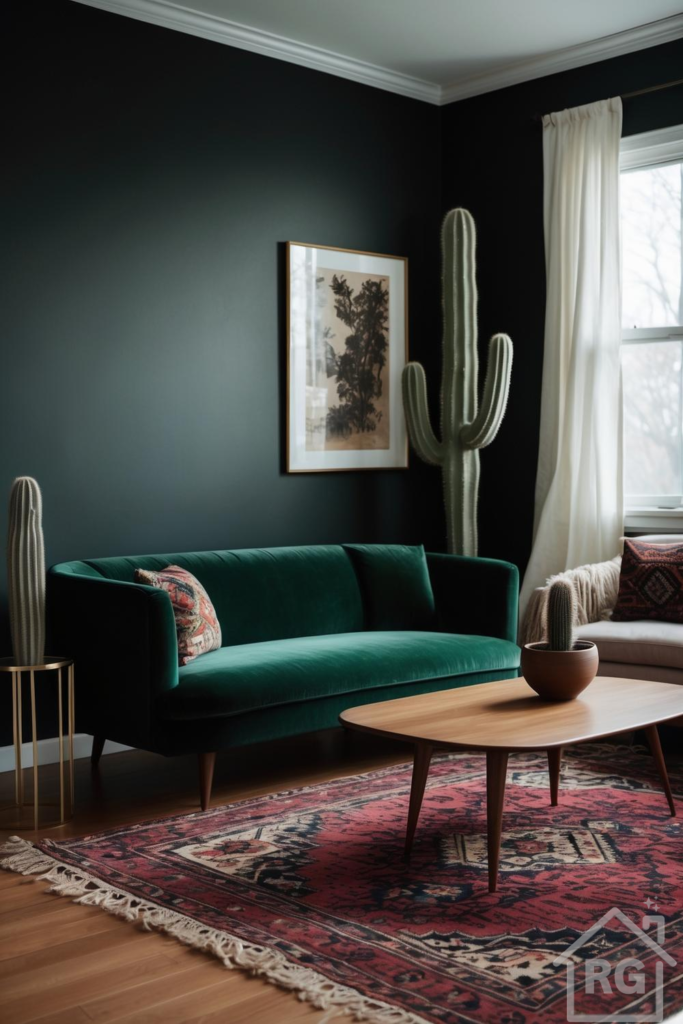 A dark boho living room featuring a deep emerald green velvet sofa, a wooden coffee table, and a large red Persian rug. The room is decorated with various cactus plants, a gold side table, and a framed botanical art print, creating a cozy and eclectic atmosphere.