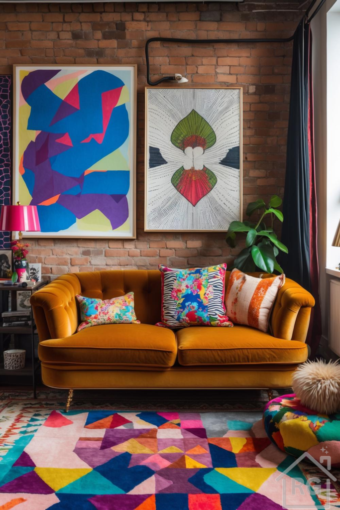 A vibrant and eclectic living room featuring an exposed brick wall, a mustard velvet sofa adorned with colorful patterned pillows, and a large geometric area rug. Two large abstract art prints hang above the sofa, complementing the urban industrial aesthetic.