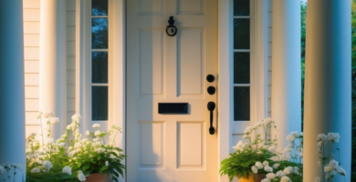A beautifully decorated front porch features a cream-colored door with black hardware, flanked by white classical columns and multiple terracotta pots overflowing with white flowering plants. A natural fiber rug and a smaller black doormat sit on the light-colored porch floor, creating a welcoming entryway.