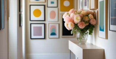 A brightly lit modern hallway features a striking gallery wall with abstract art in vibrant colors like blue, yellow, and orange. A minimalist console table holds a glass vase filled with lush pink peonies, all set against rich herringbone hardwood flooring.