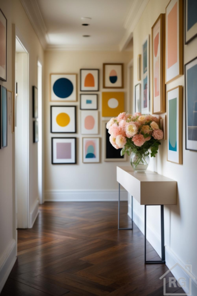 A brightly lit modern hallway features a striking gallery wall with abstract art in vibrant colors like blue, yellow, and orange. A minimalist console table holds a glass vase filled with lush pink peonies, all set against rich herringbone hardwood flooring.