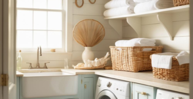 A bright and organized coastal farmhouse laundry room featuring light blue distressed cabinets, a white farmhouse sink, and front-load washer and dryer. Open shelving above showcases neatly folded white towels and woven baskets, creating a serene and functional space.