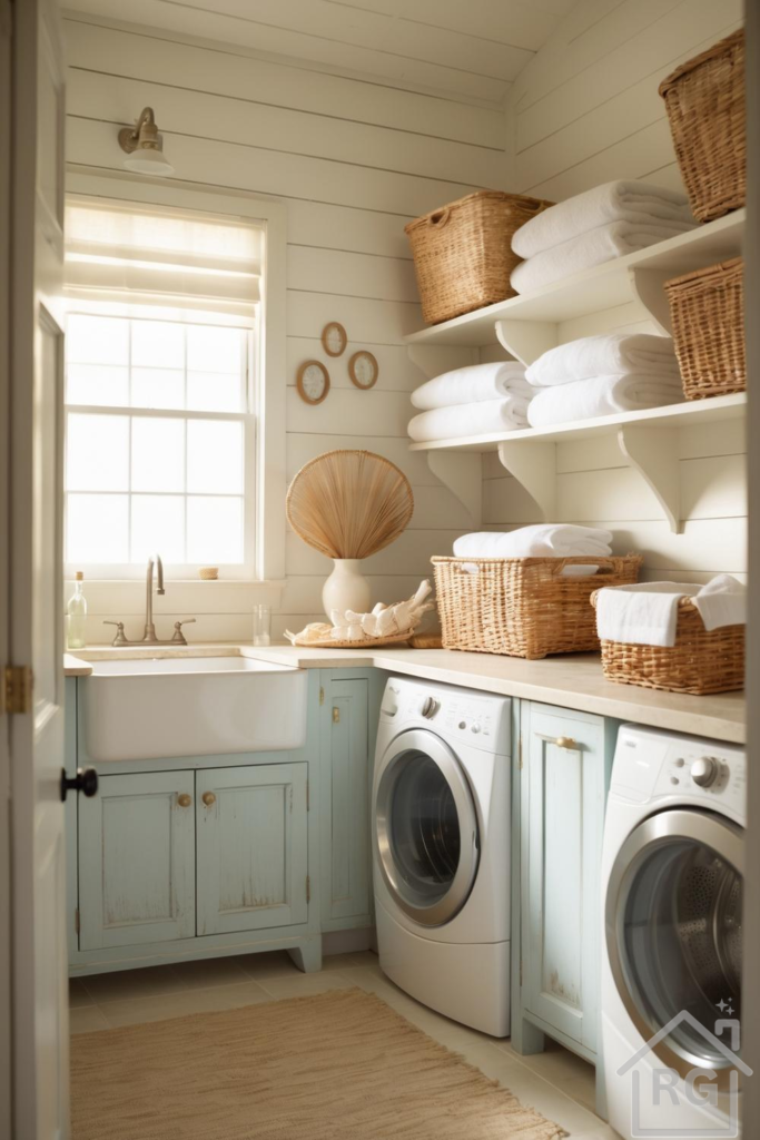 A bright and organized coastal farmhouse laundry room featuring light blue distressed cabinets, a white farmhouse sink, and front-load washer and dryer. Open shelving above showcases neatly folded white towels and woven baskets, creating a serene and functional space.
