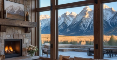 A luxurious modern farmhouse living room featuring a large stone fireplace, comfortable sectional sofa, and expansive windows offering panoramic views of snow-capped mountains. This cozy yet grand space embodies rustic elegance and natural beauty.