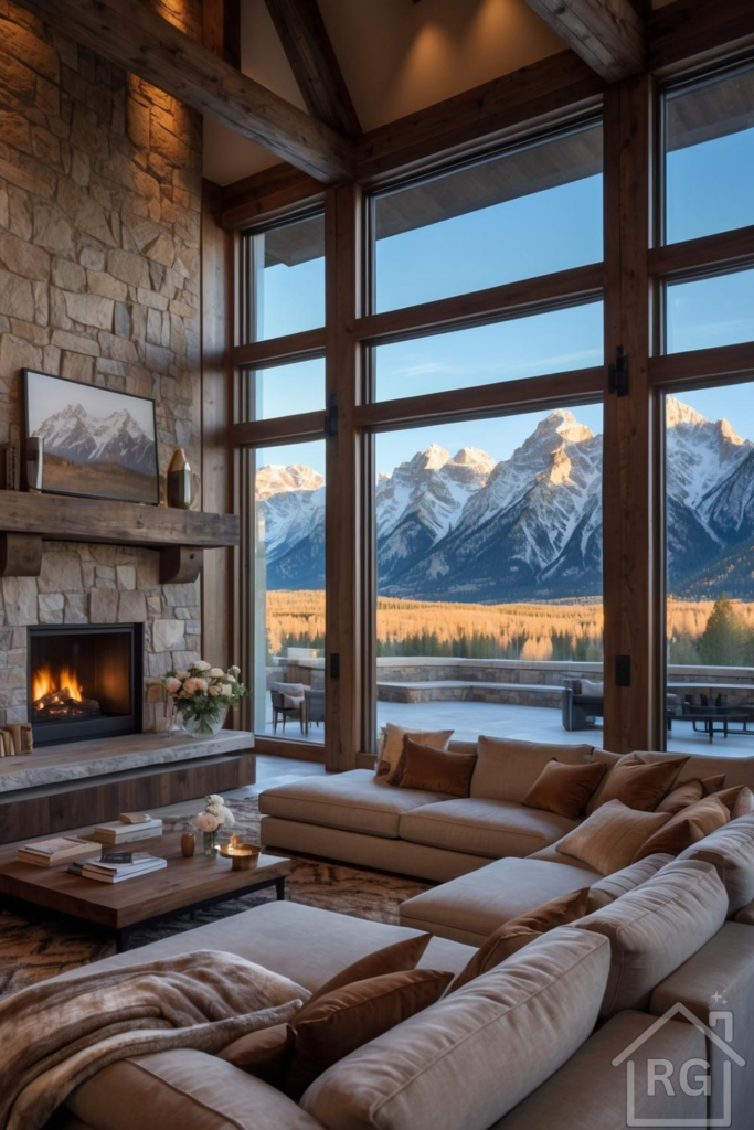 A luxurious modern farmhouse living room featuring a large stone fireplace, comfortable sectional sofa, and expansive windows offering panoramic views of snow-capped mountains. This cozy yet grand space embodies rustic elegance and natural beauty.